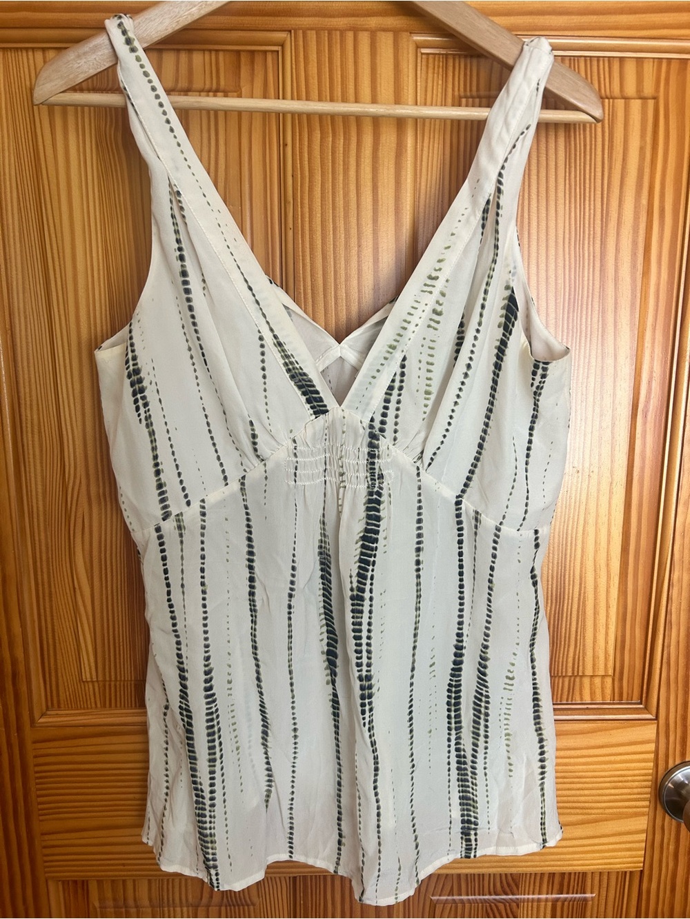 Banana Republic Cream and Dark Green Striped V-Neck Silky Top
